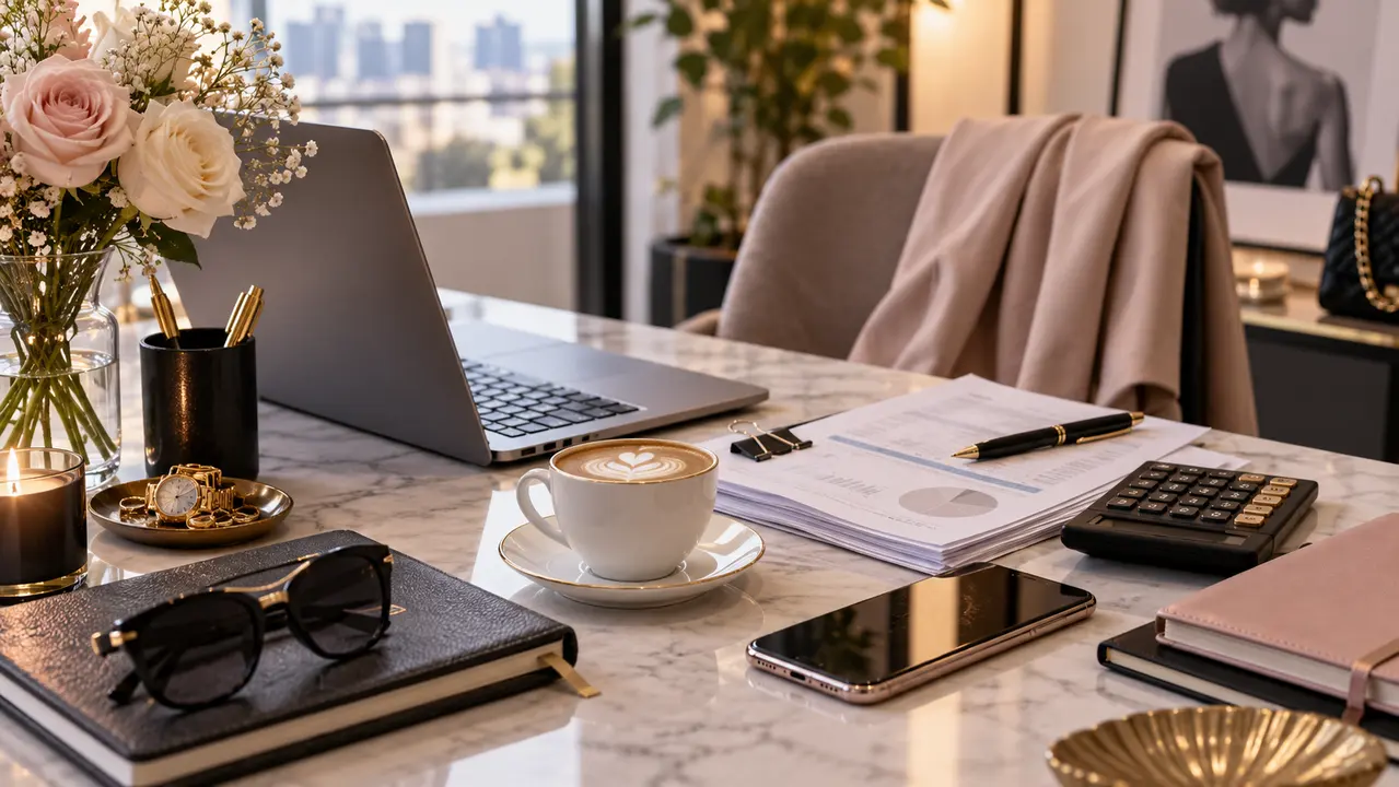 Scrivania professionale con documenti, laptop e strumenti per la gestione fiscale