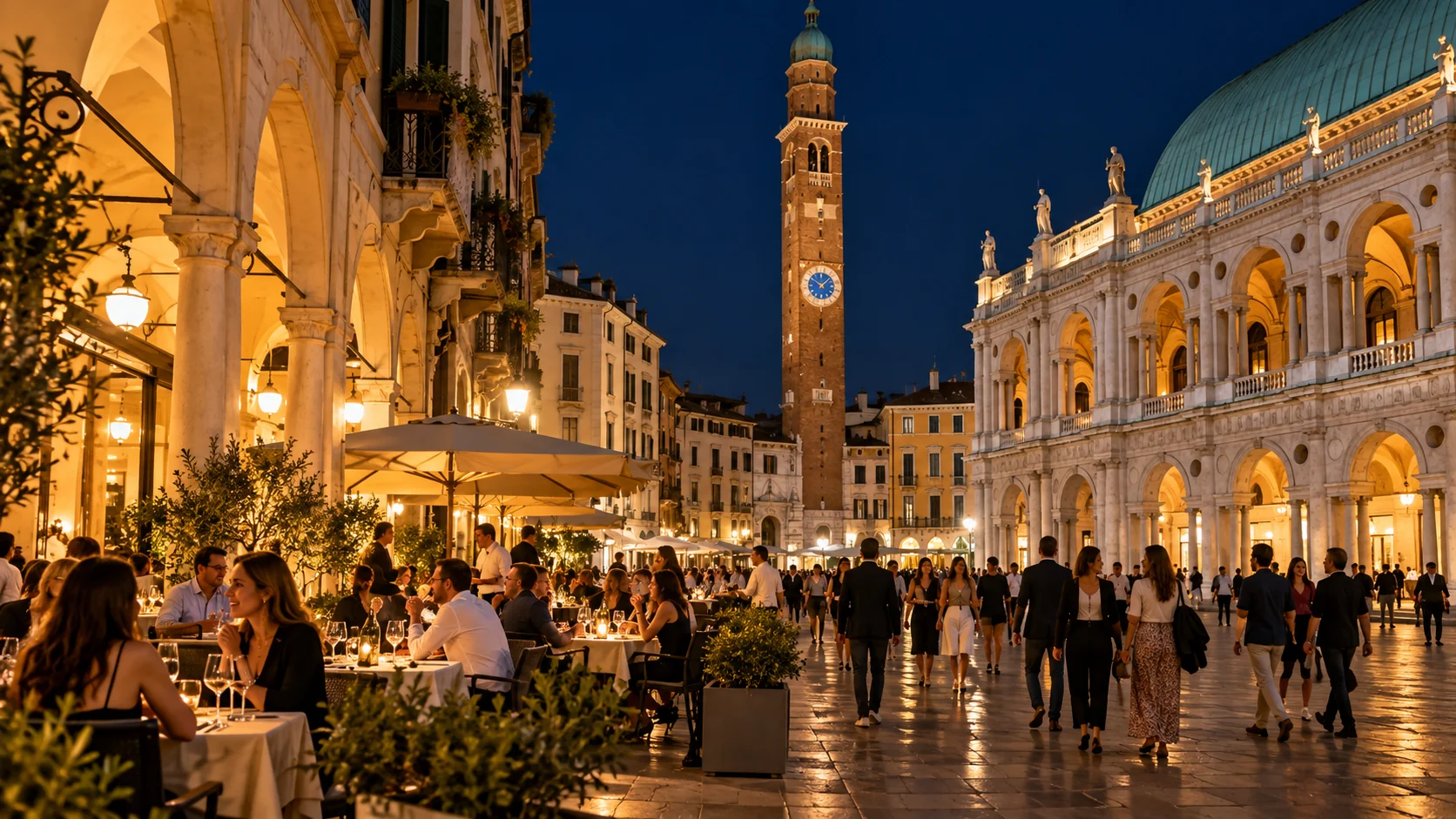 Vicenza centro storico di sera durante una settimana fieristica
